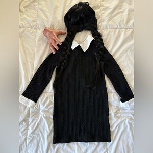 Kids Wednesday Adams Costume + Wig & Hand, size 8